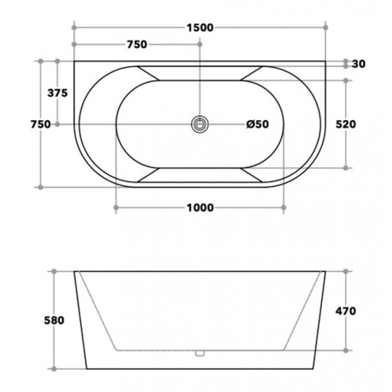 1500x750x580mm Bathtub Back to Wall Acrylic GLOSSY White Bath tub NO Overflow