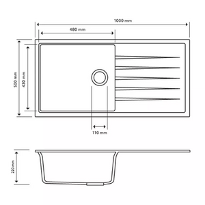 1000 x 500 x 220mm Carysil Vivaldi D100L Single Bowl With Drainer Board Granite Kitchen Sink Top/Flush/Under Mount