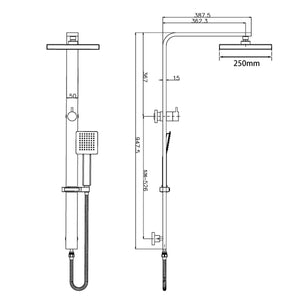 10" Square Chrome Wide Rail Shower Station Top Water Inlet with 3 Functions Handheld