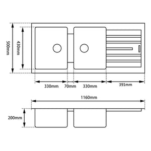 1160*500*200mm Black Granite Quartz Stone Kitchen Sink Double Bowls Drainboard Top/Undermount