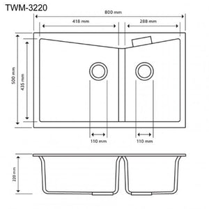 800 x 500 x 220mm Carysil CGDB3220 Double Bowl Granite Kitchen Sink Top/Flush Mount