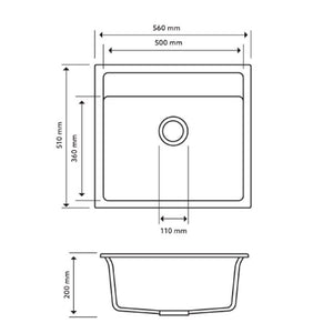 560 x 510 x 200mm Carysil Waltz 560 Single Bowl Granite Top/Flush/Under Mount Kitchen/Laundry Sink