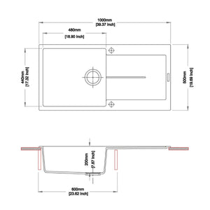 1000 x 500 x 200mm Carysil Enigma D100L Single Bowl With Drainer Board Granite Kitchen Sink Top Mount