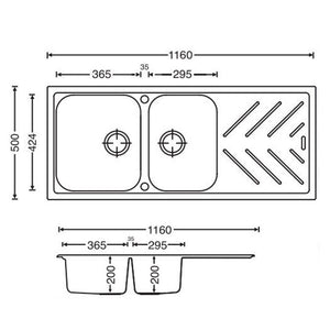 1160x500x200mm New Beethoven D200 Granite Quartz Stone 1 and 3/4 Kitchen Sink Double Bowls Drainboard Topmount