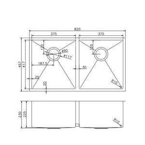 820x457x230mm 1.2mm Handmade Top/Undermount Double Bowls Kitchen Sink