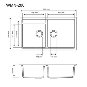 860 x 500 x 205mm Carysil N200 Double Bowl Granite Kitchen Sink Top/Flush/Under Mount